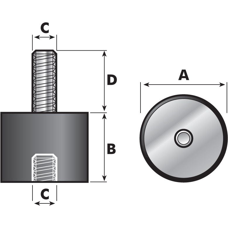 Technical diagram of the Sparex Anti Vibration Mount - Bolt to Taper, Ø40mm. (S.55434), featuring a cylindrical object with a threaded upper section (C) detailed with metric thread sizes, a smooth middle section (B), and a top view displaying a circular shape with a single hole (A). Dimensions are labeled C, D, and B.