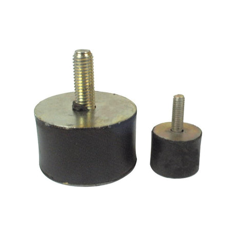 Two rubber cylindrical mounts with threaded metal studs attached on top; the left mount is a Sparex Anti Vibration Mount - Bolt to Taper, Ø75mm (S.55444) featuring a rubber height of 50mm and thread size M12, while the right one is smaller with matching metric threads.