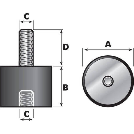 Technical diagram of the Sparex Anti Vibration Mount - Bolt to Taper, Ø75mm. (Product S.55444) showing a cylindrical object with a threaded rod at the top. The rubber height is 50mm, and it features an M12 metric thread size. Dimensions A, B, C, and D are labeled to display various measurements and perspectives of the product.