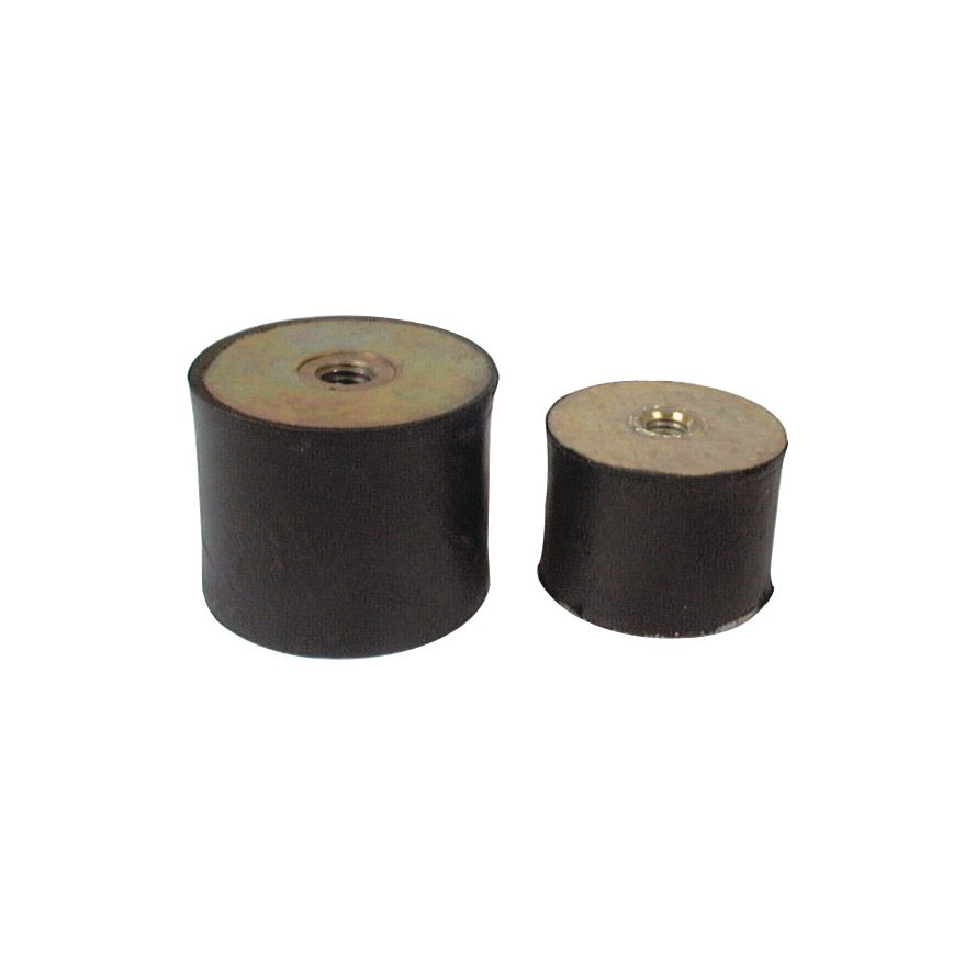 Two Sparex Anti Vibration Mounts - Taper to Taper, Ø25mm, with metal inserts in M6 thread size, are positioned with the larger mount on the left and the smaller mount on the right. Each mount has a total rubber height of 25mm.