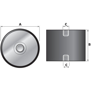 Diagram of the Anti Vibration Mount - Taper to Taper, Ø25mm. (Sparex S.55451) showing front and side views with labeled dimensions: A (diameter 25mm), B (height 25mm), and C (holes on sides).