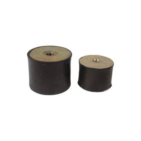 Two cylindrical rubber vibration isolators from Sparex, one larger than the other, are shown side by side. Identified as Anti Vibration Mount - Taper to Taper, Ø40mm. - S.55453, their distinctive feature is a precise metric thread size that ensures compatibility for various applications.