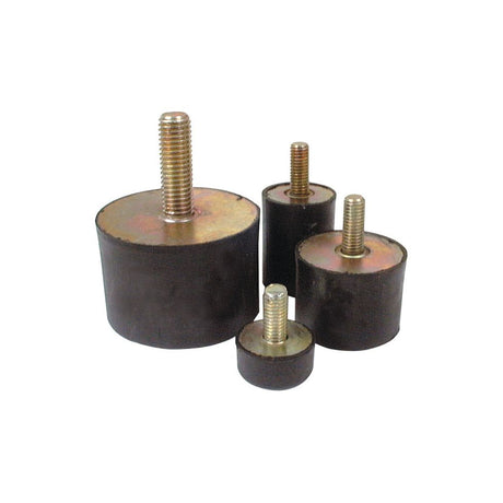 Four Sparex Anti Vibration Mounts (Bolt to Foot), each with a diameter of 25mm, featuring threaded metal studs of varying sizes and lengths, are placed upright on a white background.