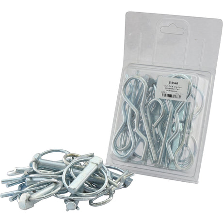 A plastic package and a small pile of silver cotter pins, part of the Linch Pin & Grip Clips Combination Pack (20 pcs. Agripak) - S.5546 from Sparex, are displayed on a white background.