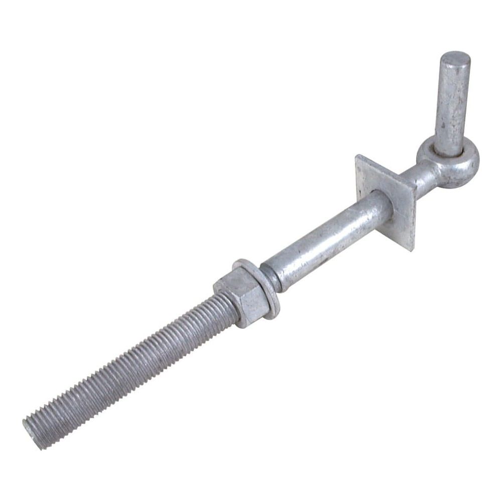 The Sparex Gate Hanger - Round Bolt on (Part No. S.55514) features a threaded shaft, a square plate, and a cylindrical joint with a pin diameter of 19mm and a length of 330mm, making it an ideal gate hanger component.