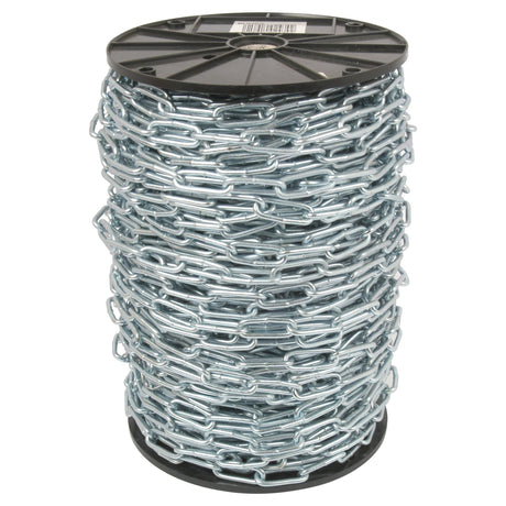 A large spool of the Sparex Long Link Chain 4 x 40 x 15mm x 80M - S.55519, featuring zinc-plated metallic links wound tightly around a black plastic core.