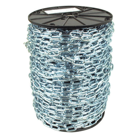 A large spool of Sparex Short Link Chain (4 x 29 x 15mm x 80M - S.55525), zinc-plated for durability, is neatly coiled around a black plastic reel against a plain white background.