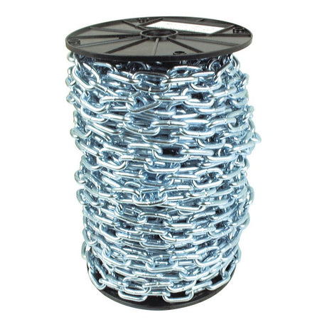 A large spool of Short Link Chain 6 x 39 x 22mm x 35M - S.55527 from Sparex, made of zinc-plated mild steel for durability, coiled neatly with both ends tucked.