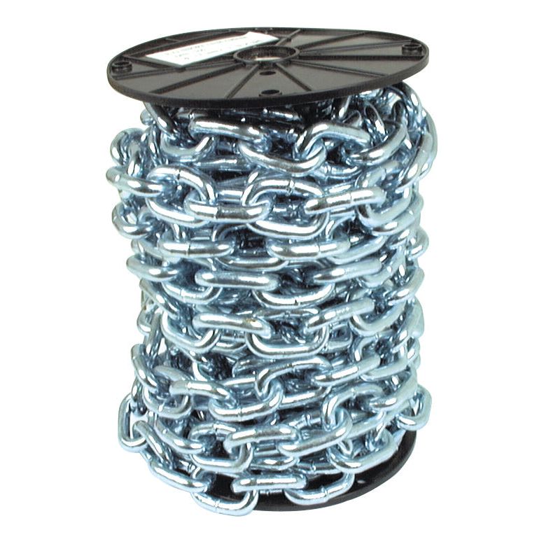 The Short Link Chain 10 x 53 x 35mm x 12M - S.55529 by Sparex, a large spool of heavy-duty zinc-plated metal chain coiled neatly around a black reel, is typically used for industrial or heavy-duty applications with a safe working load.