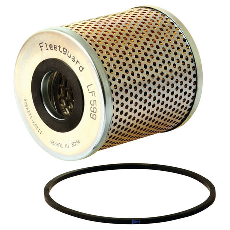 A cylindrical Sparex Oil Filter - Element - LF599 (Sparex Part No. S.55703) with a perforated metal exterior and a black rubber gasket placed below it, suitable for various machinery including the Claas COLUMBUS.