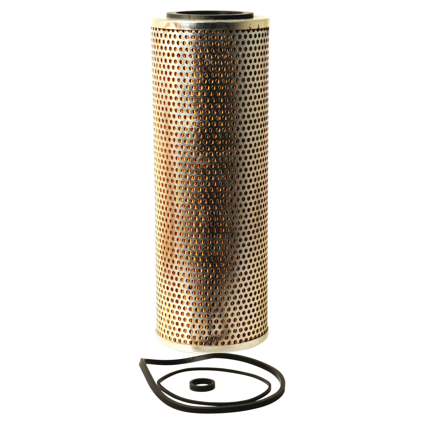 The Sparex Oil Filter - Element - LF3352 (Sparex Part No. S.55715) is a cylindrical metal oil filter with a perforated surface and two rubber gaskets below it, one circular and one rectangular, designed specifically for Volvo 4300 engines.