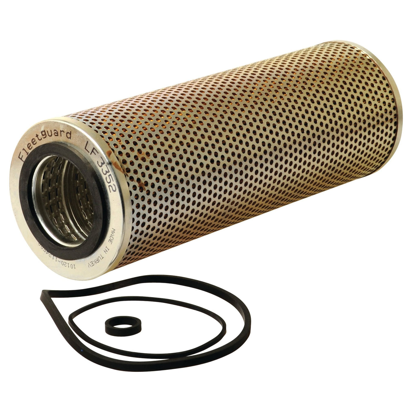 A cylindrical oil filter with a perforated metal housing and gasket, labeled "Oil Filter - Element - LF3352" (Sparex Part No.S.55715) from the Sparex brand, suitable for Volvo 4300.