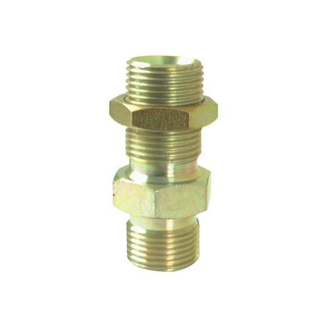 The Hydraulic Adaptor 5/8'' BSP Male x 5/8'' BSP Male Bulkhead with Locknut by Sparex (Part No.S.55988) features threaded ends, a central hexagonal nut section, and a secure locknut, designed for connecting two threaded pipes or fittings.