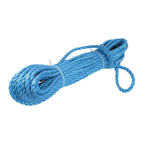 The 27-meter (88-foot) Polypropylene Rope with Eye, Ø10mm - S.55994 from Sparex is a coiled blue synthetic rope featuring a loop on one end and secured by two white ties, making it ideal for versatile uses.