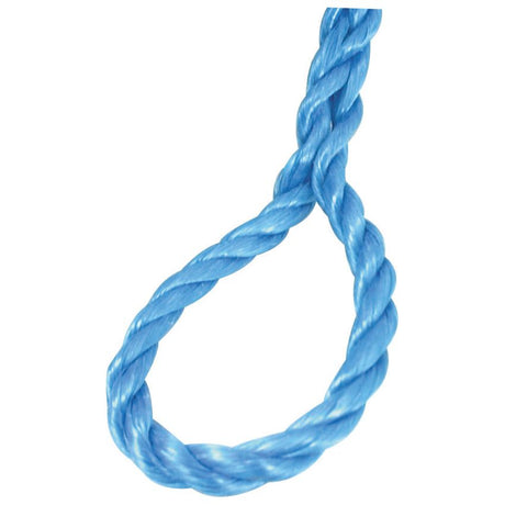 A close-up shot features the Sparex Polypropylene Rope with Eye (Ø10mm) in blue, tied in a loop knot against a white background, distinctly showcasing its 27m (88ft) length and intricate design.