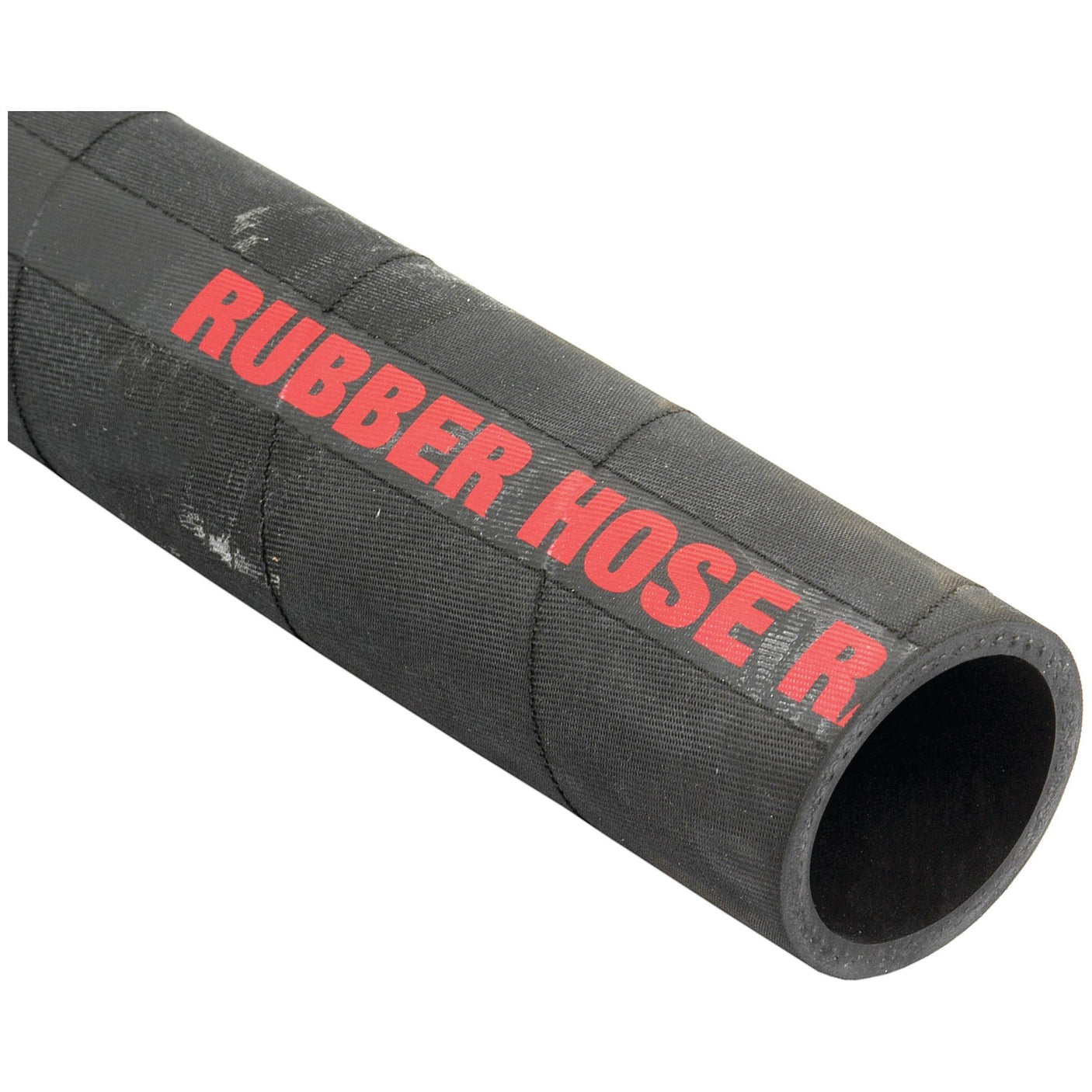 Close-up of the Sparex Radiator Hose - S.56008, a black 1m hose made from EDPM rubber, with "RUBBER HOSE R" written in red letters on its side.