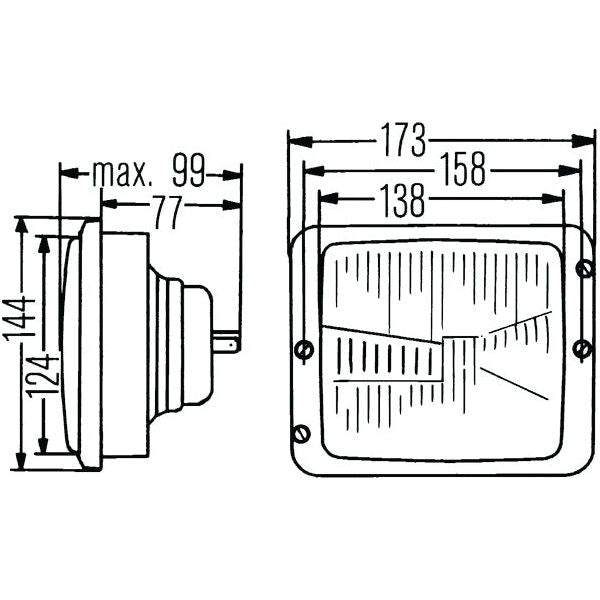 Technical diagram of a square-shaped headlight from Sparex, product name: Head Light, (Halogen), RH & LH, RH Dip, 12/24V - S.56021. Dimensions labeled include a 144mm and 124mm height, a 173mm width, and a 77mm depth. Featuring a Hella Bulb for optimal performance.