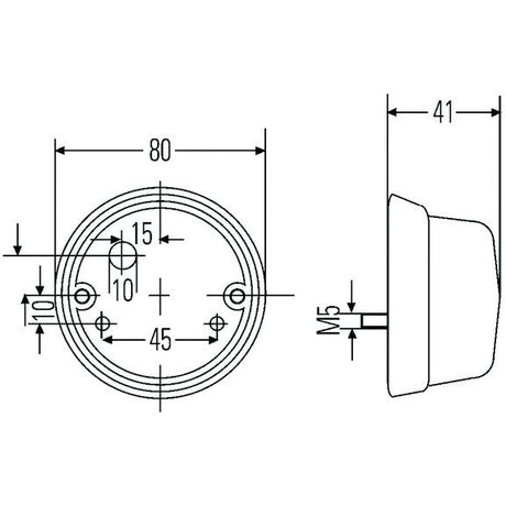 Technical drawing of the Rear Light (Halogen), 1, Tail, RH & LH - S.56030 by Sparex, with various measurements annotated, including an 80mm diameter and a 41mm depth. The diagram also details specific placements for mounting holes and a central threaded hole, suitable for accommodating a Hella Bulb or Halogen Light.