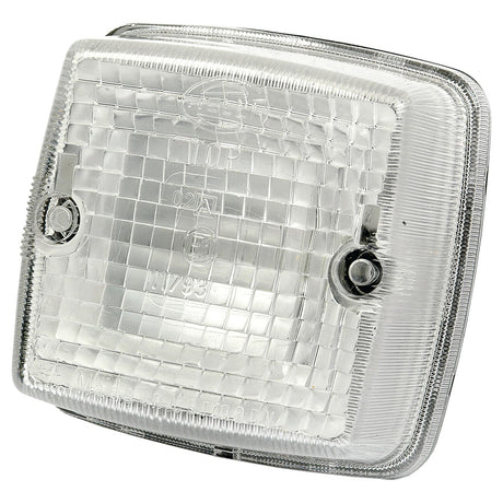 Close-up of a white, square-shaped Sparex Marker Light - Front Facing (Halogen), RH & LH, 12/24V - S.56034 with a clear, textured lens and two screws on either side for mounting.