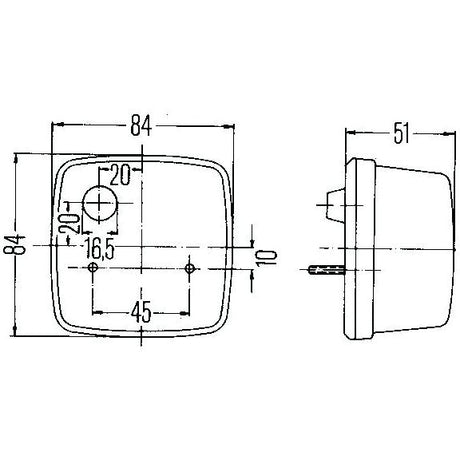 Technical drawing of a square-shaped object with dimensions labeled. The front view and side view are shown in millimeters, detailing measurements of various parts. Includes placement for Rear Light (Halogen), 1, Tail, RH & LH - S.56035 by Sparex integration.