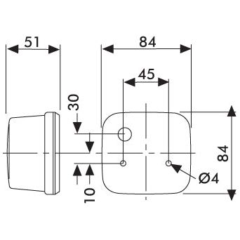 Technical diagram of the Sparex Indicator Light (Halogen), RH & LH, 12/24V - S.56036 with an amber lens and dimensions: 84mm in length, 84mm in width, 45mm spacing between holes, and a hole diameter of 4mm. Side view height is 51mm, which includes a body height of 30mm plus a 10mm extension.