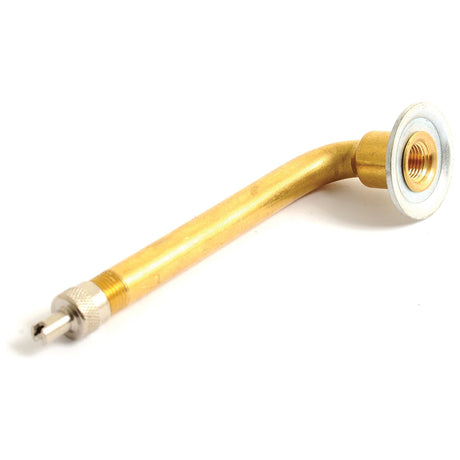 The Sparex Screw in Valve Michelin 75mm (10 pcs.) - S.56041 is a brass valve stem measuring 75mm in length, with a threaded end and a silver circular flange on the opposite side, designed for Michelin Single Bend applications.