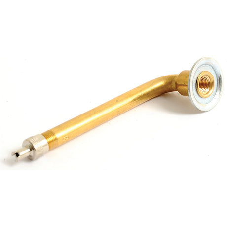 The Sparex Screw in Valve Michelin 85mm (10 pcs.) - S.56043 brass tire valve stem extension features a threaded end, a knurled adjustment knob, and a single bend for easy access, ensuring compatibility with Michelin tires.