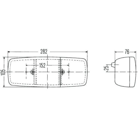 Technical drawing of a rectangular object with dimensions labeled in millimeters: 282 length, 152 width, and 105 height, with a side view depth of 76 and an additional 25. The object incorporates a Sparex Rear Combination Light (Halogen) with brake, tail, and indicator functions (Product S.56059), suitable for right-hand installation at either 12V or 24V.