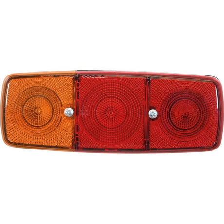 A Sparex Rear Combination Light (Halogen) LH, model S.56068 with three sections: one amber, one red, and another red. Each section features a circular pattern design, and the center red section houses two screws for secure mounting. The assembly is equipped with halogen lights for enhanced visibility and supports 12/24V power input.