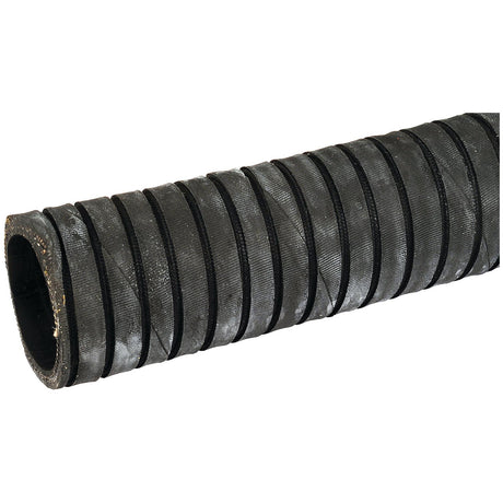 A close-up view of the Sparex Convoluted Radiator Hose - S.56072, a black rubber hose with spiral reinforcement, featuring a 38mm ID, used in industrial and heavy-duty applications.