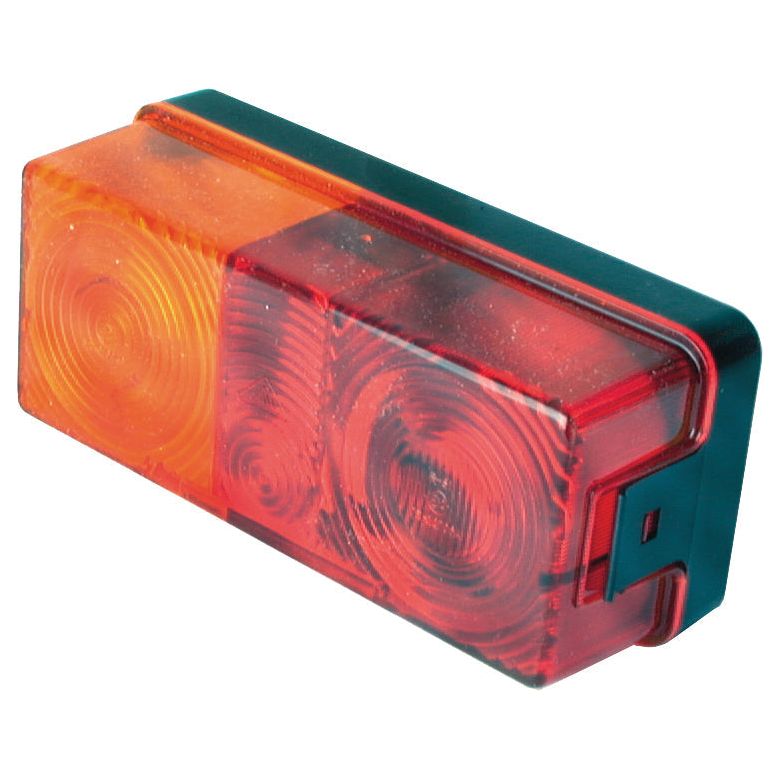 A rectangular Sparex brand rear combination light with red and amber sections, a black back casing, and a halogen light source for superior brightness. This 12V light serves multiple functions: brake, tail, indicator, and number plate illumination (Product Code: S.56074), compatible for both right-hand and left-hand sides.