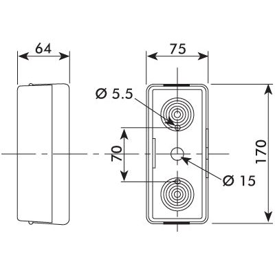 The detailed technical drawing showcases the dimensions of a rectangular object. The left view measures 64 units in width. The front view specifies distances of 75, 70, and 170 units, with holes having diameters of 5.5 and 15 units. This precise illustration could be used for components such as the Sparex Rear Combination Light (Halogen), Function: Brake / Tail / Indicator / Number Plate; Right-Hand and Left-Hand sides; 12V - S.56074.