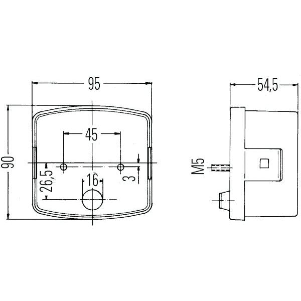 Technical drawing showing front and side views of a rectangular Halogen Rear Combination Light 12/24V, LH - S.56081 by Sparex with dimensions, suitable for Case IH. Front view: width 95 mm, height 90 mm. Side view: depth 54.5 mm. Additional details and measurements included.