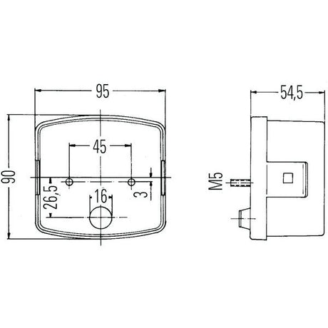 Technical drawing showing front and side views of a rectangular Halogen Rear Combination Light 12/24V, LH - S.56081 by Sparex with dimensions, suitable for Case IH. Front view: width 95 mm, height 90 mm. Side view: depth 54.5 mm. Additional details and measurements included.