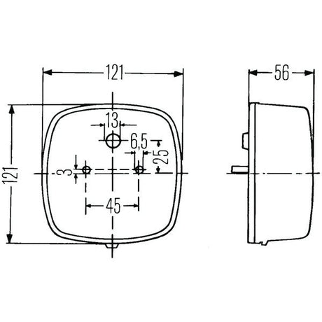 Technical diagram of the Sparex Rear Combination Light (Halogen). It showcases front and side views with dimensions labeled: 121mm x 121mm for the front view, and a depth of 56mm for the side view. This device functions as a Brake, Tail, Indicator, and Number Plate light on both right-hand (RH) and left-hand (LH) sides, running on 12V - S.56089.