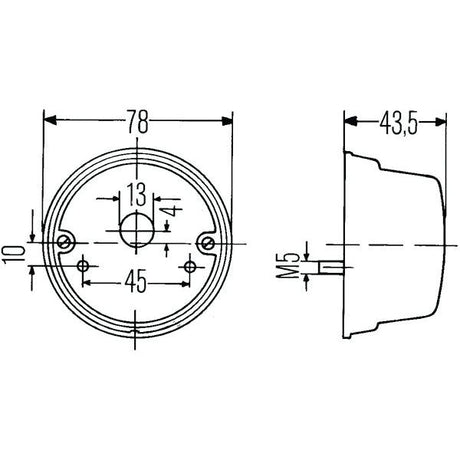 Technical drawing of a Rear Combination Light, (Halogen), Function: 2 Function, RH & LH, 12V - S.56096 with a diameter of 78mm and a depth of 43.5mm, featuring internal measurements and fixing positions, designed for compatibility with Sparex brand halogen lights.