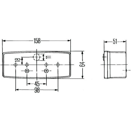 Technical drawing of the Halogen Rear Combination Light 12/24V, LH - S.56105 by Sparex, showing a rectangular plate with dimensions. Front view: 158mm width, 64mm height, 45mm between inner holes, and 98mm between outer holes. Side view: 51mm depth. Holes and notches indicated. Suitable for Hella brake/tail/indicator units and designed to accommodate halogen lights.