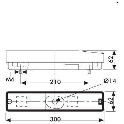 Technical drawing of a rectangular device featuring side and bottom views with labeled dimensions: 210mm length, 62mm height, 300mm width. It includes notations for screw holes, mounting points, and specs for the Hella polycarbonate lens equipped with a halogen light source as found on the Rear Combination Light (Halogen) by Sparex (Product Number: S.56108). This device functions as a brake/tail/indicator compatible with both RH & LH sides and operates on either 12V or 24V systems.