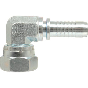 The Sparex Dicsa BSP 60° Hose Insert 1/4'' x 1/4'' Female Thread 90° Compact Swivel, also known as Sparex Part No. S.56116, is a metal elbow hose fitting designed with a threaded hex end and ribbed tailpiece for secure hose attachment, featuring a compact swivel at a 90° angle.
