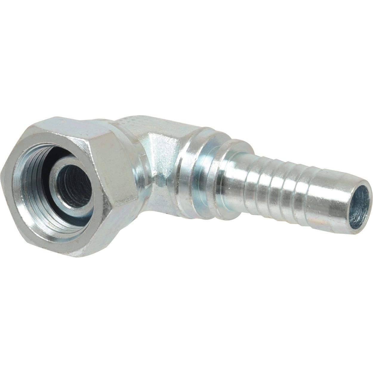 The Dicsa BSP 60° Hose Insert by Sparex, featuring a 1/4'' x 1/4'' female thread and a compact swivel design with a hexagonal nut on one end and a ridged hose barb on the other, is specifically crafted for creating efficient 90-degree connections in hydraulic systems (Sparex Part No. S.56116).
