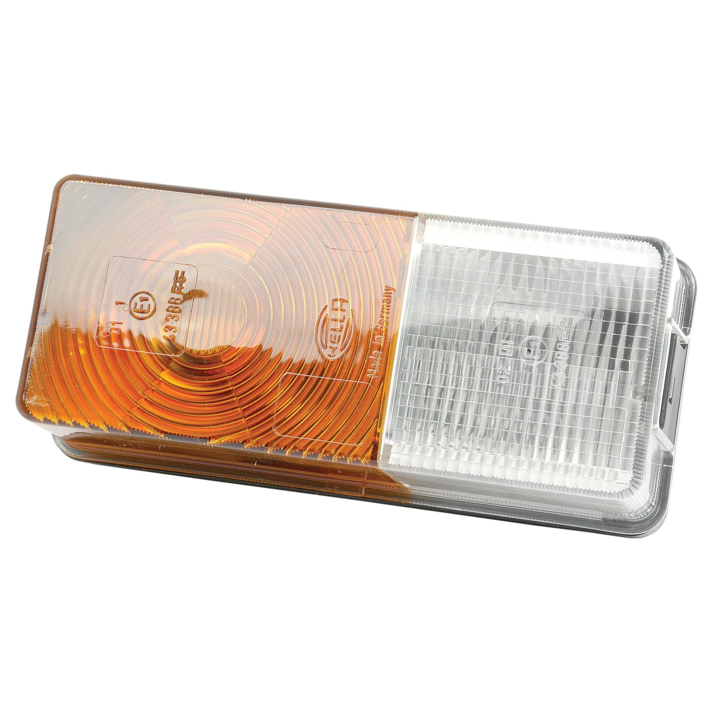 Sparex Hella Front Combination Light (Halogen), 12V, RH & LH, Straight - S.56128 with an amber/clear lens, featuring circular and rectangular patterns on its surface.