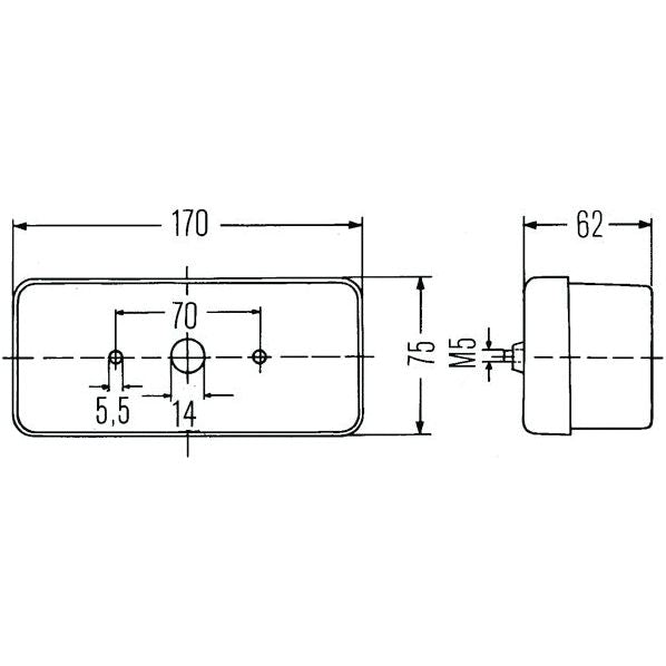 Technical drawing of Sparex's Front Combination Light (Halogen), 12V, RH & LH, Straight - S.56128, with dimensions labeled 170mm in length and 75mm in height; includes a side view indicating a width of 62mm and an M5 thread. The illustration also details the fitting for an amber/clear lens specifically designed for Hella halogen lights.