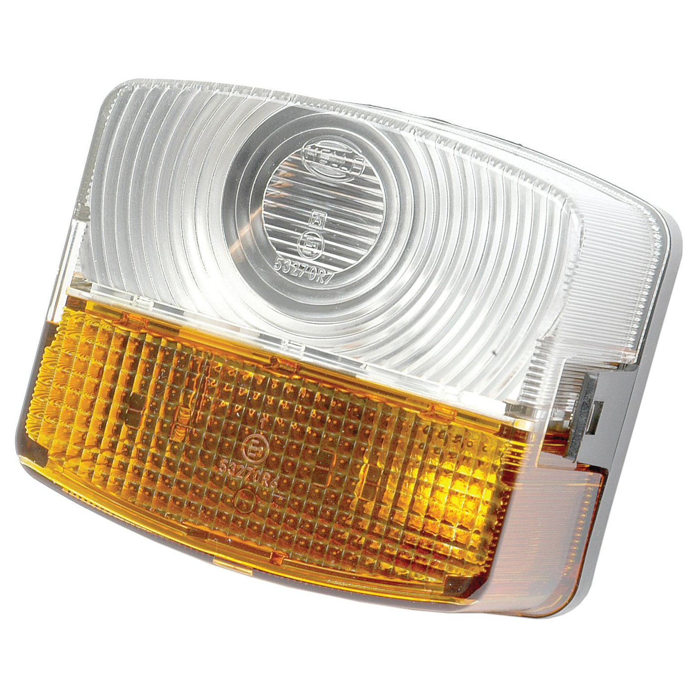 A rectangular, two-toned vehicle light by Sparex, the Front Combination Light (Halogen) 12/24V LH Straight - S.56130, features a clear upper section and an amber lower section with ridged polycarbonate surfaces.