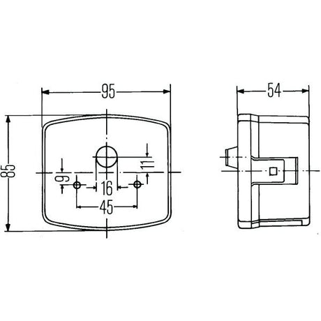 Technical drawing of the Sparex Front Combination Light (Halogen), 12/24V, LH, Straight - S.56130 device in polycarbonate with front and side views, displaying dimensions: 85mm height, 95mm width, 54mm depth, and a center hole distance of 16mm. Includes various smaller details and measurements.