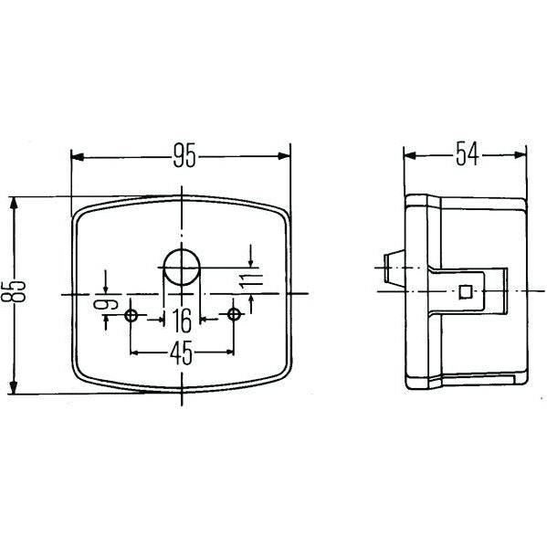 Technical drawing of the Sparex Front Combination Light (Halogen), 12/24V, RH, Straight - S.56131, showing front and side views with various measurements. Front view dimensions: 95mm width, 85mm height. Side view: 54mm depth. The design seamlessly integrates with various lighting systems such as halogen lights or Hella bulbs for optimal functionality.