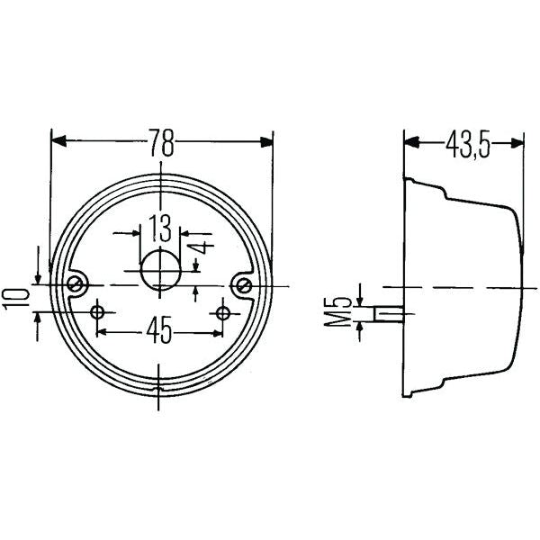 Technical drawing of the Sparex Front Combination Light (Halogen), 12V, RH & LH, Straight - S.56132, with dimensions. Front view shows a diameter of 78mm and multiple hole placements, resembling the design specifications. Side view shows a depth of 43.5mm and a protruding part labeled M5.