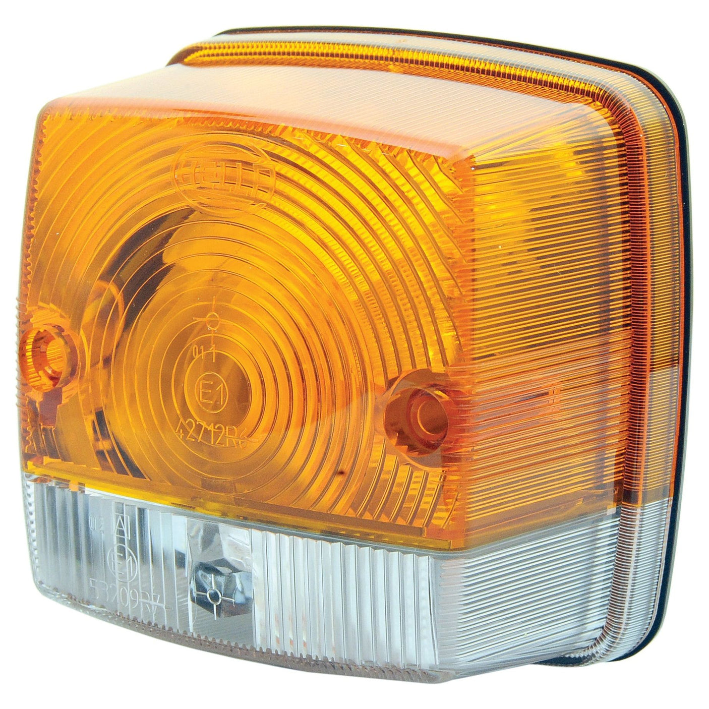 The Front Combination Light (Halogen) from Sparex, model S.56133, features a rectangular design with an amber upper section and a clear lower section, providing 12/24V functionality for both right-hand and left-hand installation, and is equipped with IP5K9K-rated protection for durability.