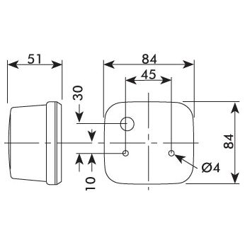 Technical drawing of a square component with dimensions labeled in millimeters: 51x30x84x45. Includes four circular holes with 4mm diameter each, suitable for mounting the Sparex Front Combination Light (Halogen), 12/24V, RH & LH, Straight - S.56133.