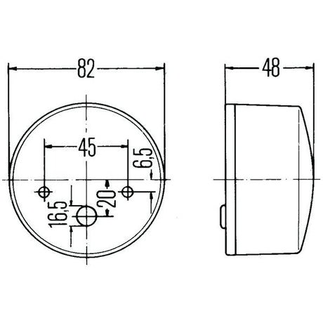 Technical drawing of the Sparex Front Combination Light (Halogen), 12/24V, RH & LH, Straight - S.56134, showing a circular object with an 82 mm diameter and 48 mm depth. The detailed schematic includes measurements of holes' distances and a side view illustrating the depth.