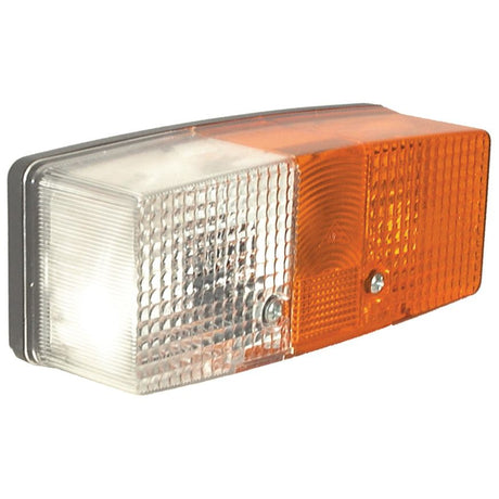 The Sparex Front Combination Light (Halogen), 12/24V, LH, Straight - S.56137 features a rectangular design with dual segments: one white and one amber. The Hella transparent textured housing makes it an ideal indicator.